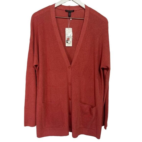 Eileen Fisher Boyfriend Cardigan Sweater Womens Medium Salmon Pink Linen Blend - Picture 1 of 6